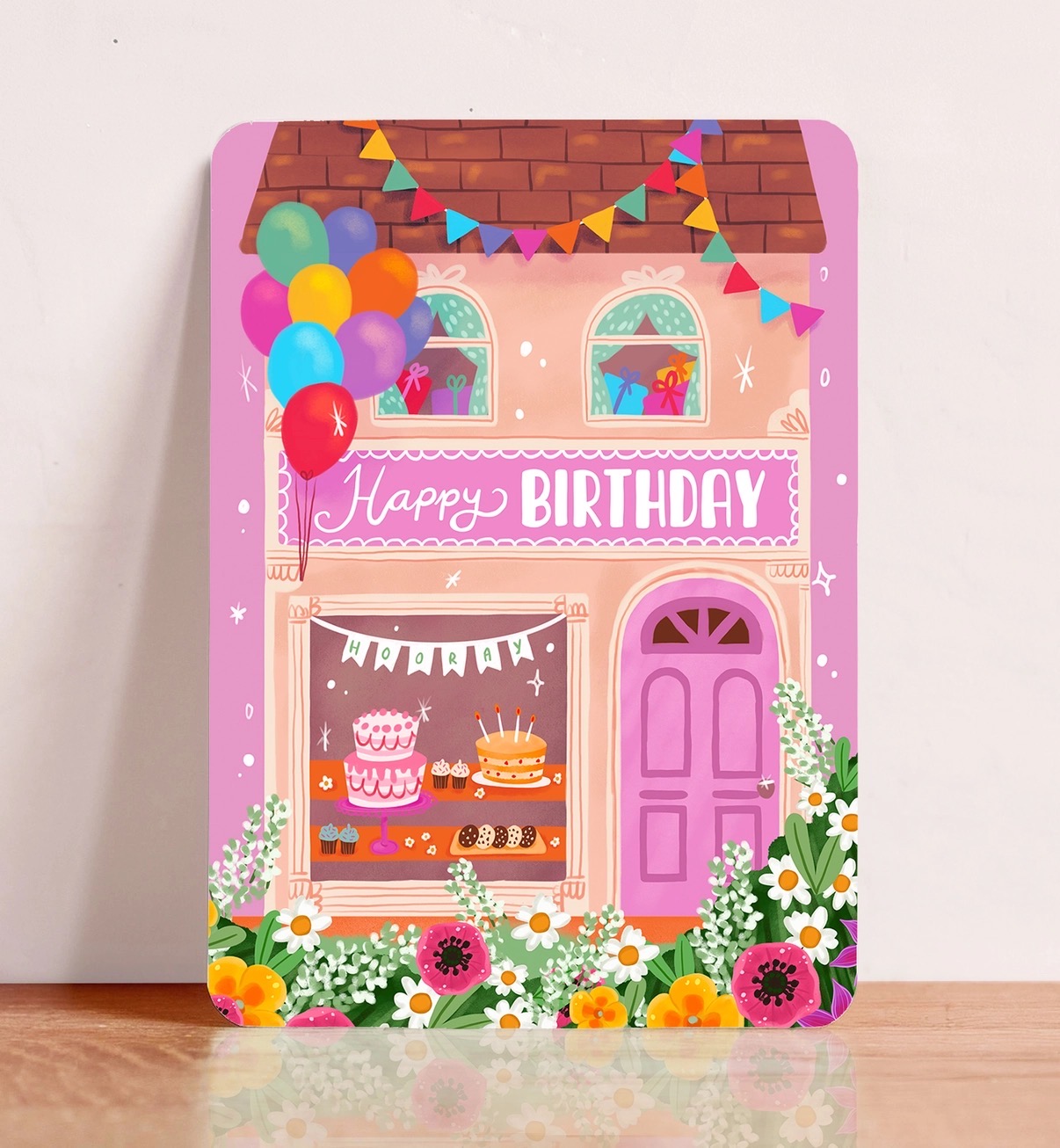 Afbeelding 3 Aniet Illustration, kaart A6 `Happy Birthday` roze voordeur slingers ballonnen - Afbeelding 1