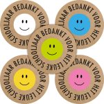 Sticker rond 40mm `Bedankt voor het leuke schooljaar` kraft met smiley`s in roze blauw groen groen geel en wit  ( mix van 10 stuks )