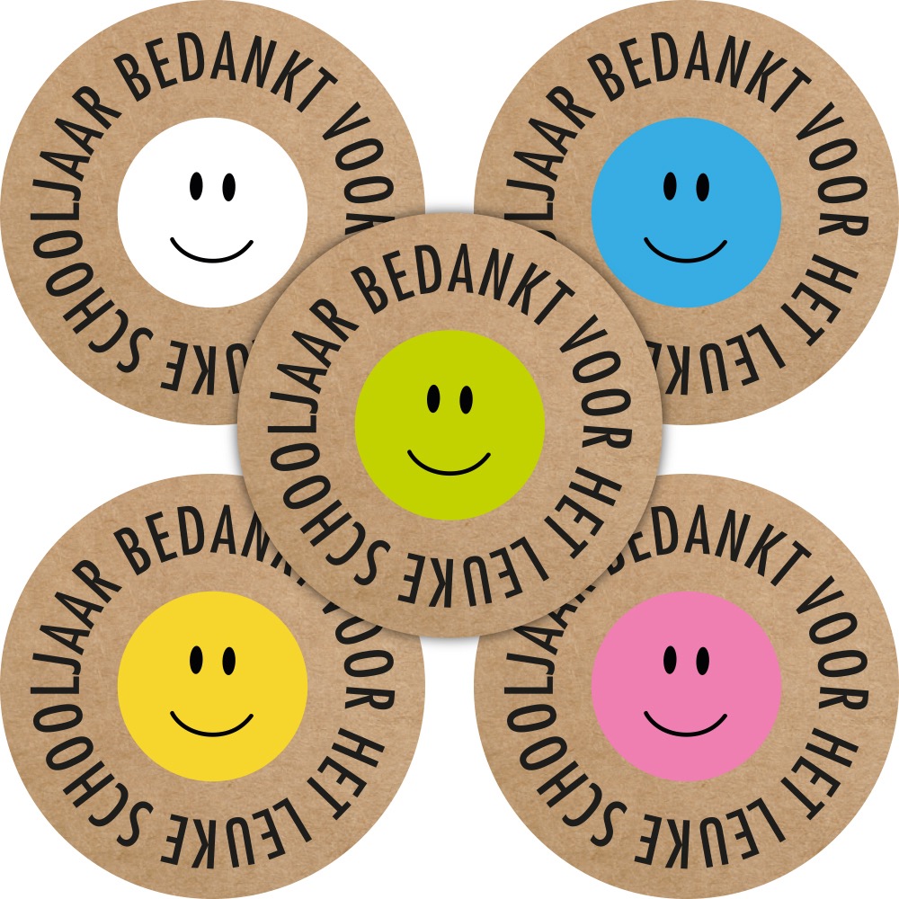 Afbeelding 1 Sticker rond 40mm `Bedankt voor het leuke schooljaar` kraft met smiley`s in roze blauw groen groen geel en wit ( mix van 10 stuks ) - Afbeelding 1
