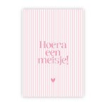 Wensjegeluk, dubbele wenskaart `Hoera een meisje` roze streepje