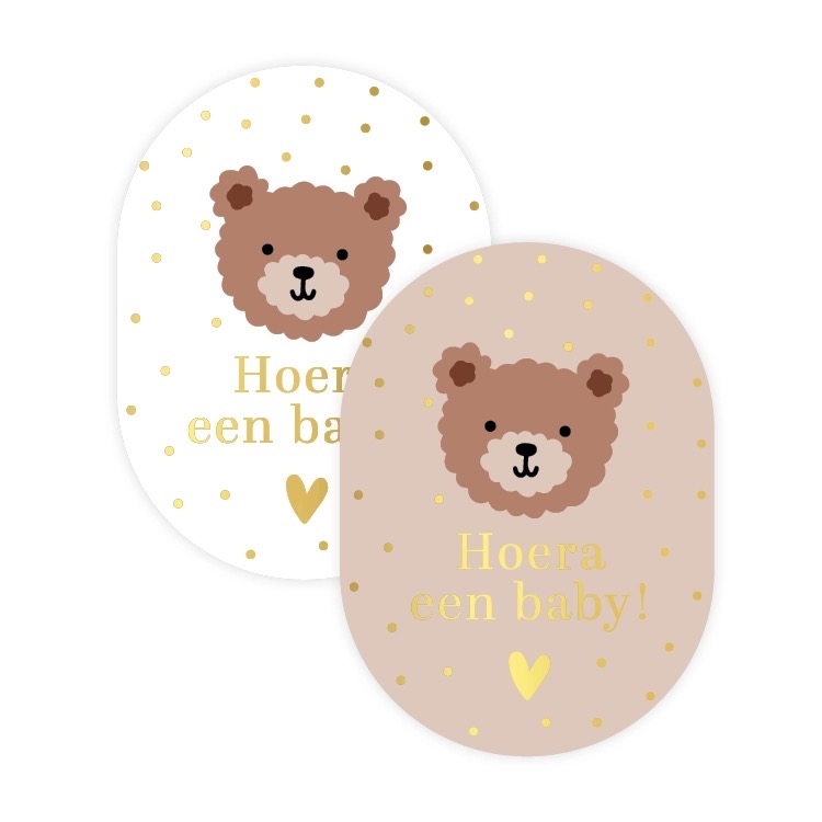 Afbeelding 24 Sticker ovaal 42mmx88mm `Beertje Hoera een baby`beige wit ( mix van 10 stuks ) - Afbeelding 1
