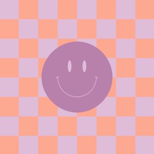 Vol liefs , A6 ansichtkaart `Smiley` paars / zalm ruitjes