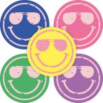 Sticker rond 35mm `Smiley`s met zonnebril` blauw geel paars roze groen  ( mix van 10 stuks )