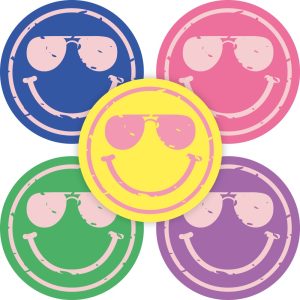 Sticker rond 35mm `Smiley`s met zonnebril` blauw geel paars roze groen ( mix van 10 stuks )