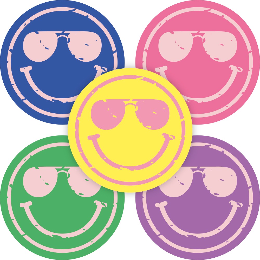 Afbeelding 6 Sticker rond 35mm `Smiley`s met zonnebril` blauw geel paars roze groen ( mix van 10 stuks ) - Afbeelding 1