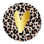 Sticker rond 50mm `Leopard panter print met goud hartje` (set van 10 stuks)