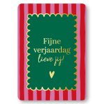 KP kaart A6 `Fijne verjaardag lieve jij` roze rode streep groen vlak