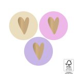 Sticker rond 35mm `Hartjes trio , goud op roze lila off-white` (mix van 10 stuks)
