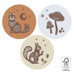 Sticker rond 55mm `Bosdieren vosje eekhoorn paddestoel in herfstkleuren` (mix van 10 stuks)