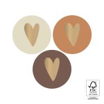 Sticker rond 35mm `Hartjes trio , goud op bruin caramel off-white` (mix van 10 stuks)