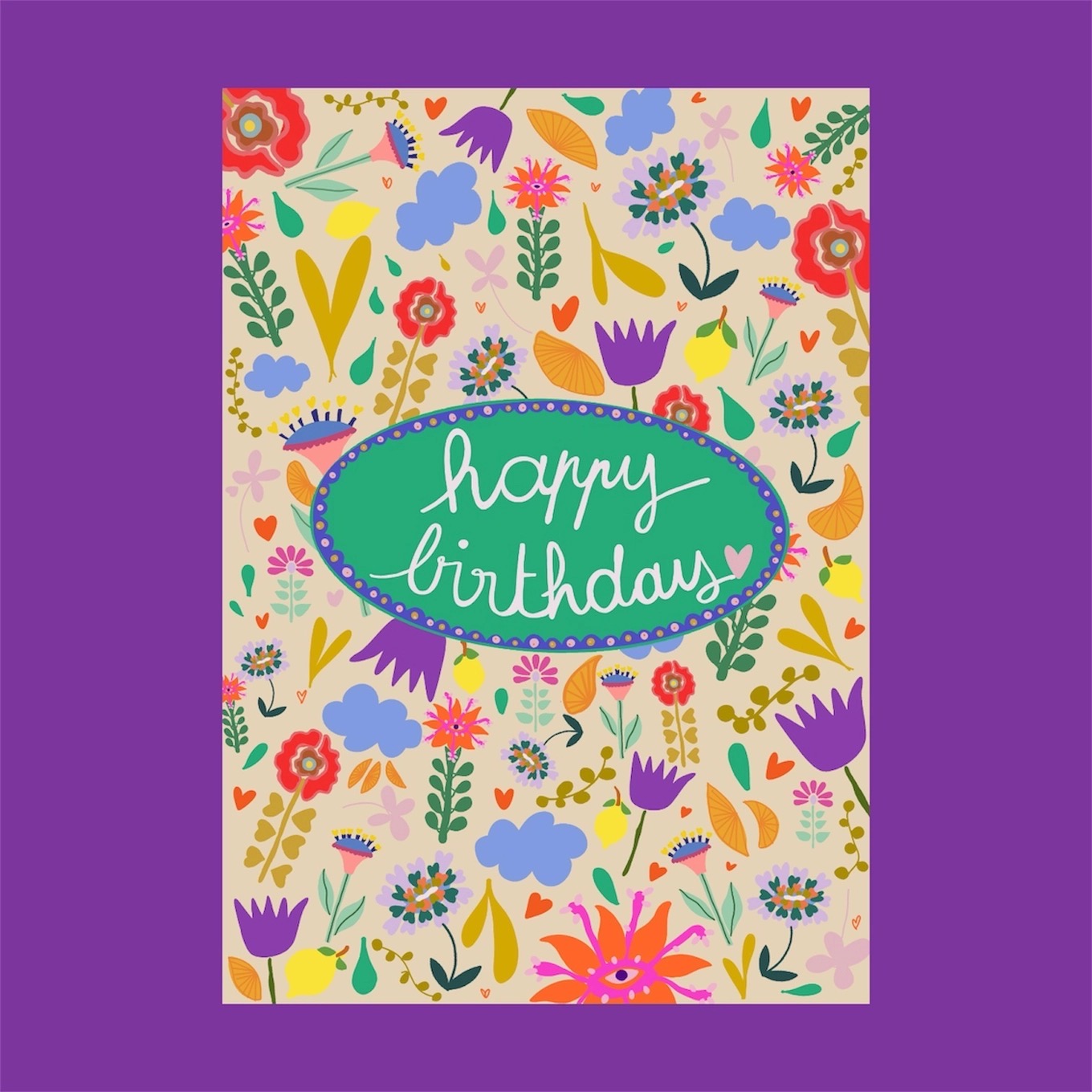 Afbeelding 1 Pose Mandarine , A6 ansichtkaart `Happy birthday` kleurrijke drukke bloemenprint - Afbeelding 1