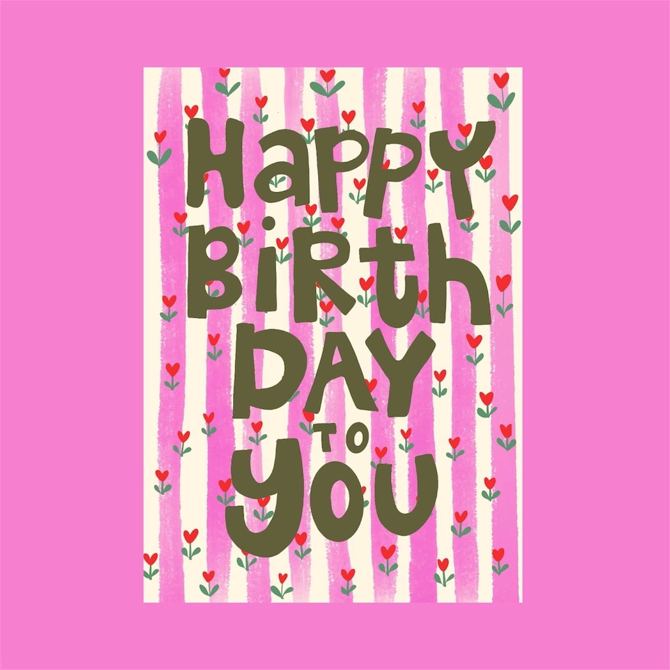 Afbeelding 12 Pose Mandarine , A6 ansichtkaart `Happy Birthday` groene letters roze strepen rode bloemetjes - Afbeelding 1