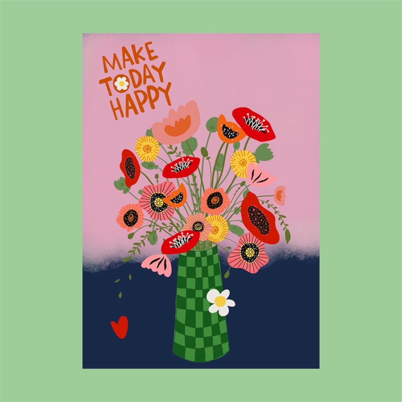 Afbeelding 14 Pose Mandarine , A6 ansichtkaart `Make today happy` bos bloemen in groen geblokte vaas - Afbeelding 1