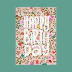 Pose Mandarine , A6 ansichtkaart `Happy Birthday` bloemetjesprint op roze kaart witte letters