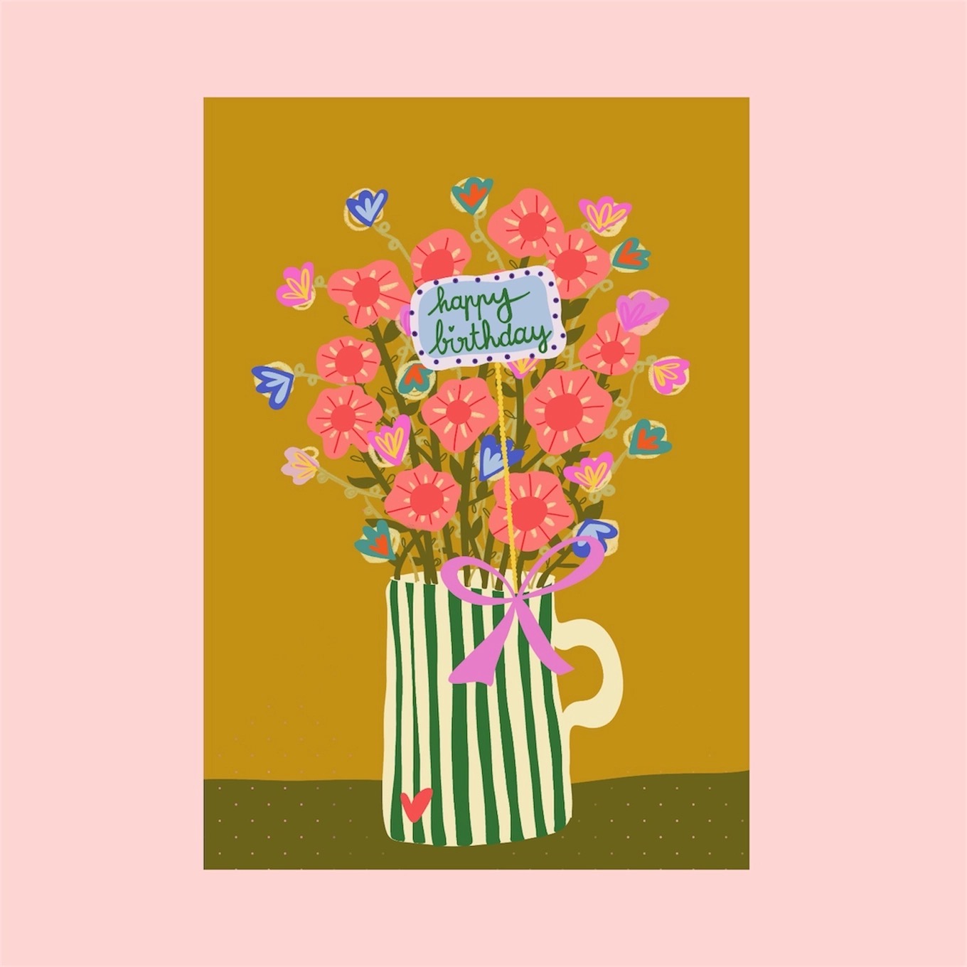 Afbeelding 3 Pose Mandarine , A6 ansichtkaart `Happy Birthday` bos bloemen in groen gestreepte vaas - Afbeelding 1